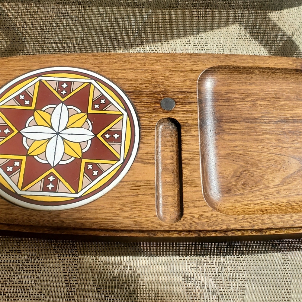 Vintage Wooden Cheese Board With Tile, Handles, And Raised 17.5" Long By 8" Wide